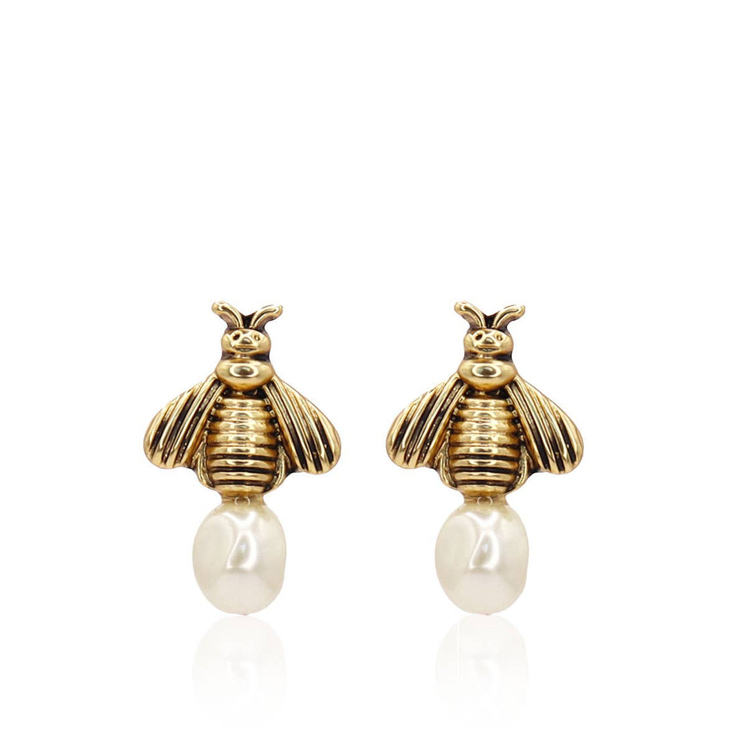 Gold Bee and pearl Stud Earrings