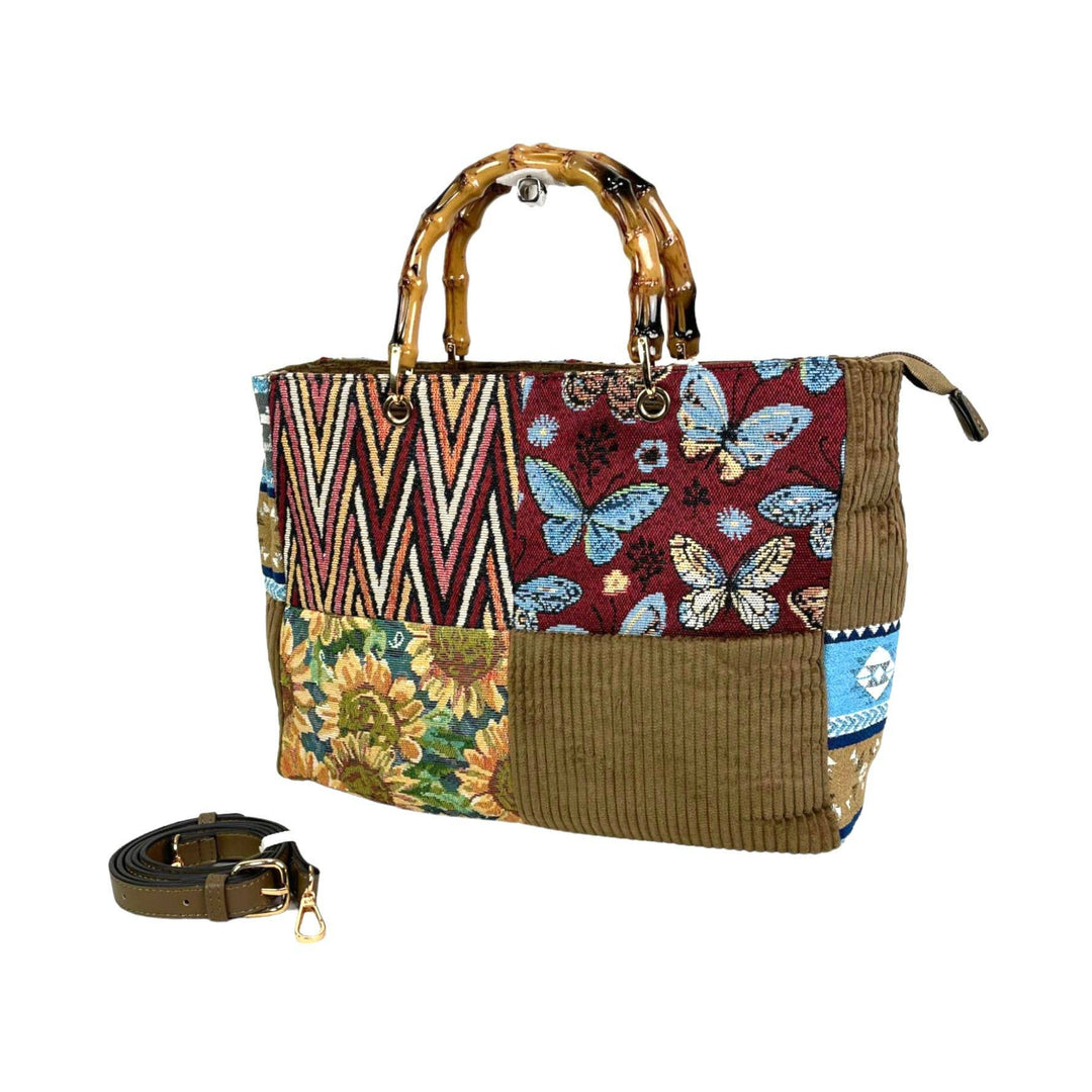 Amplio Bolso de Tela con Asas de Nácar Estilo Bambú. Verano
