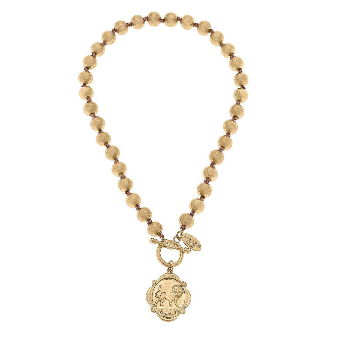 CANVAS Style - Leo Lion Pendant Ball Bead T-Bar Necklace in Worn Gold