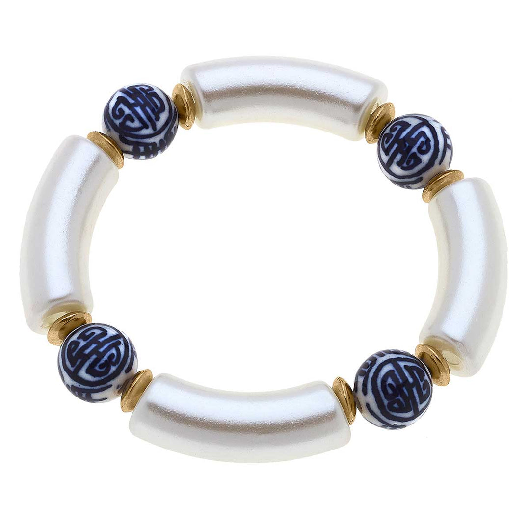 Lelani Chinoiserie Resin Stretch Bracelet in Ivory Pearl