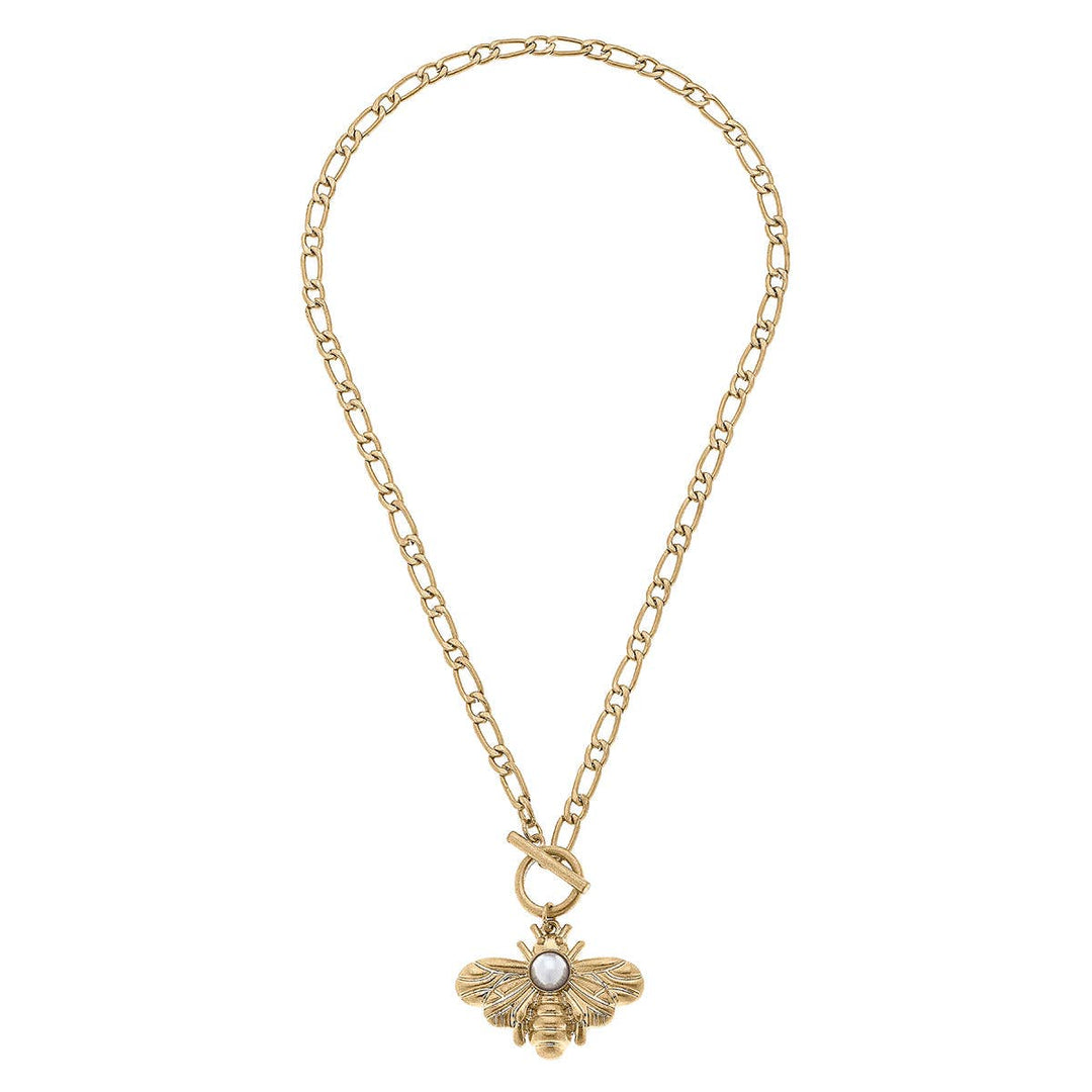 CANVAS Style - Martine Bee & Pearl Pendant T-Bar Necklace in Worn Gold
