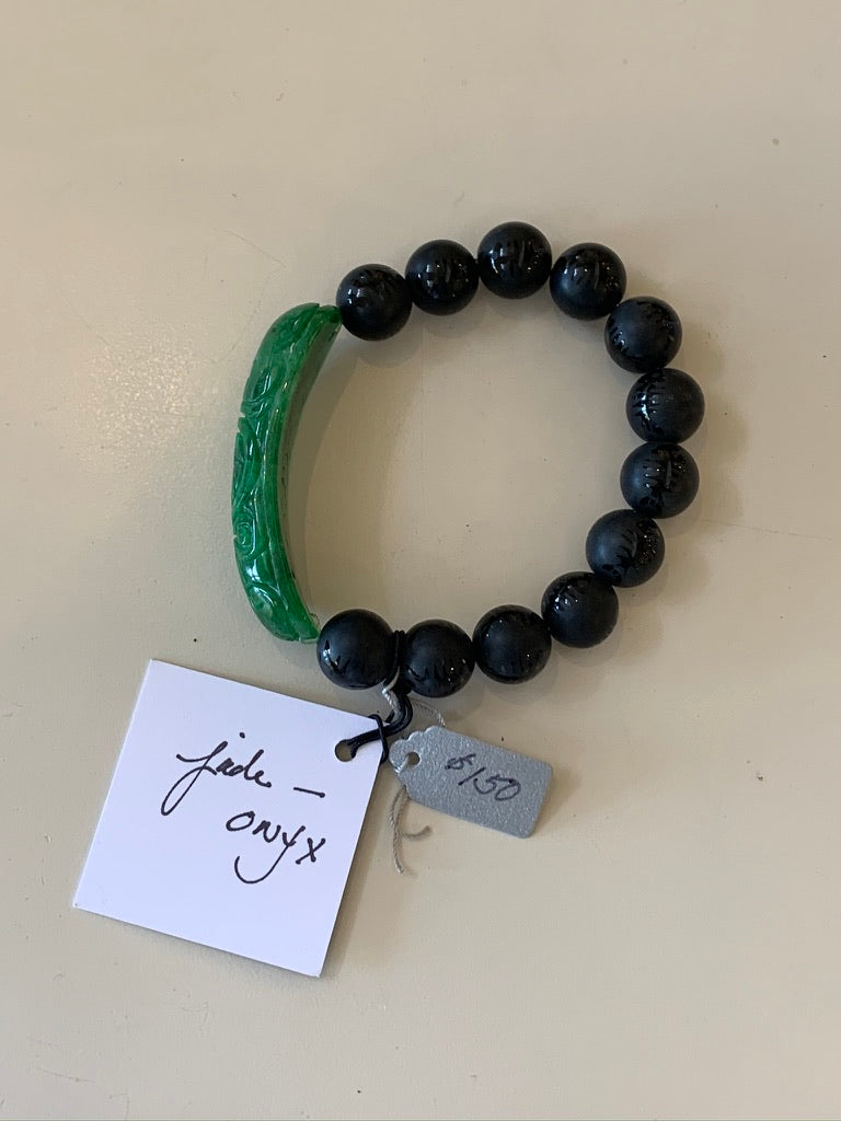 Semi Precious Jade and Onyx Beads Stretch Bead Bracelet