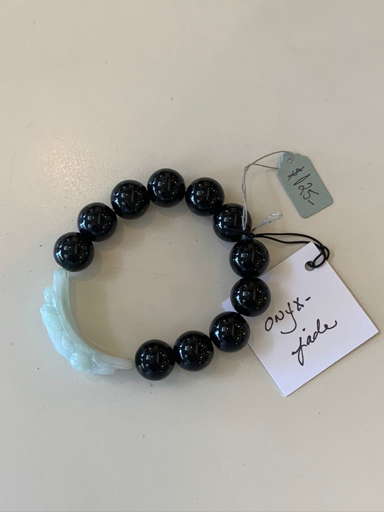 Semi Precious Jade and Onyx Beads Stretch Bead Bracelet