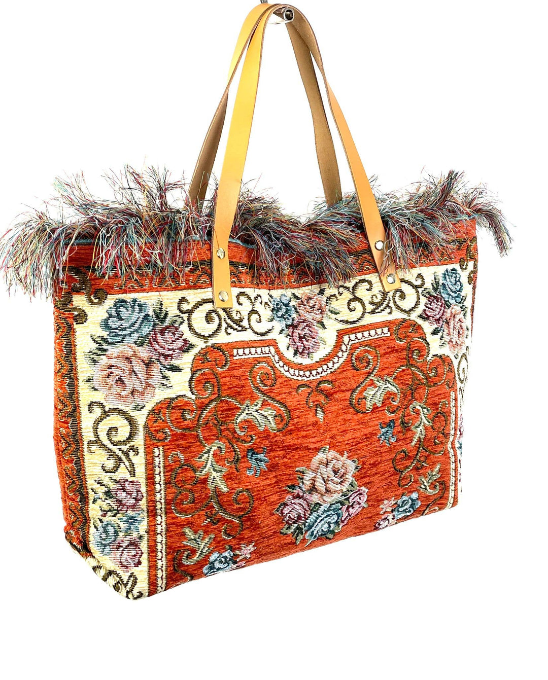 Bolso Shopper Alfombra de Algodón con Asas de Piel italiano