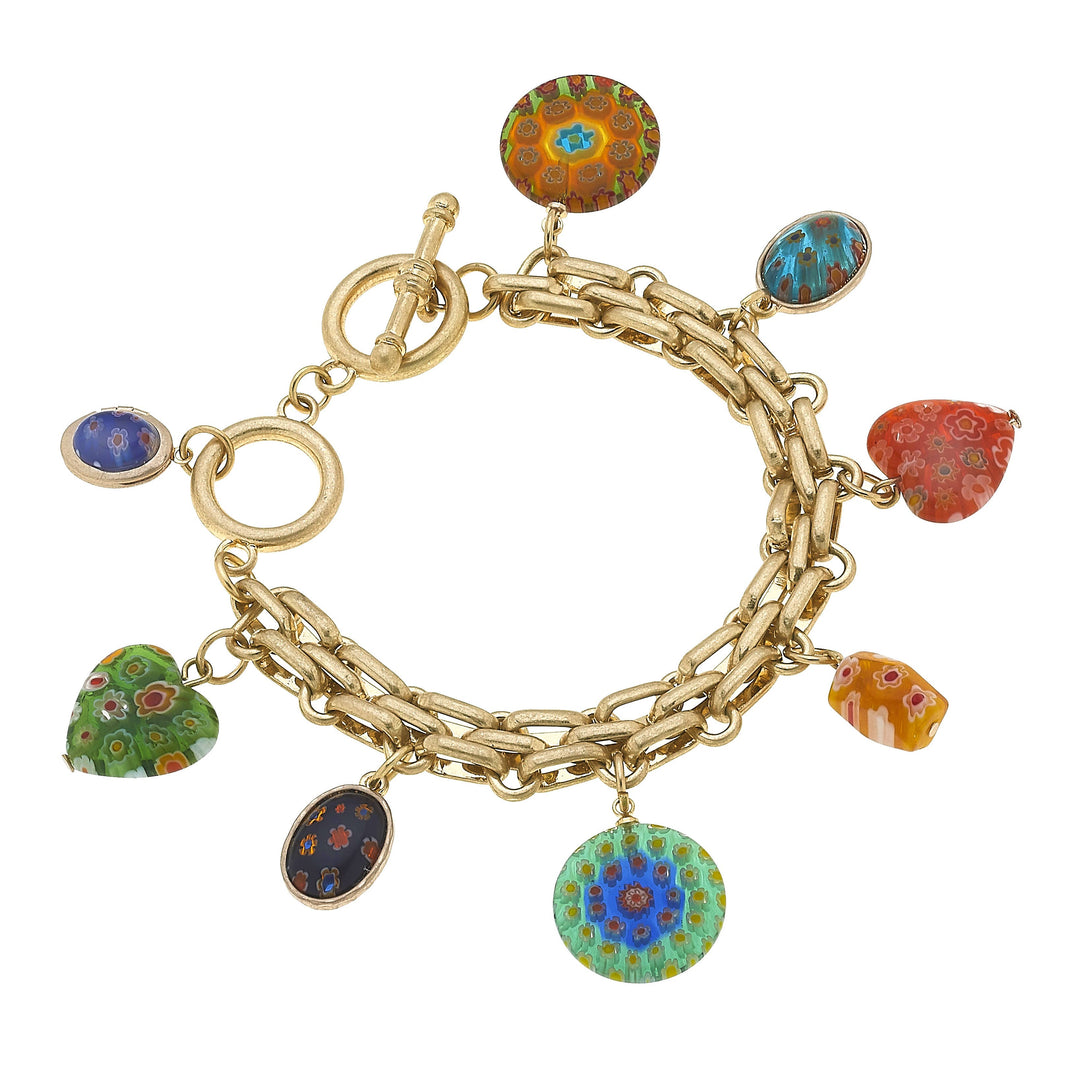 Millefiori Glass T-bar Charm Bracelet in Multi