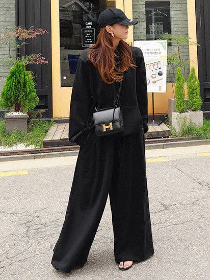 Urban Gray Wide Leg Elastic Waist Pants: BLACK / XL