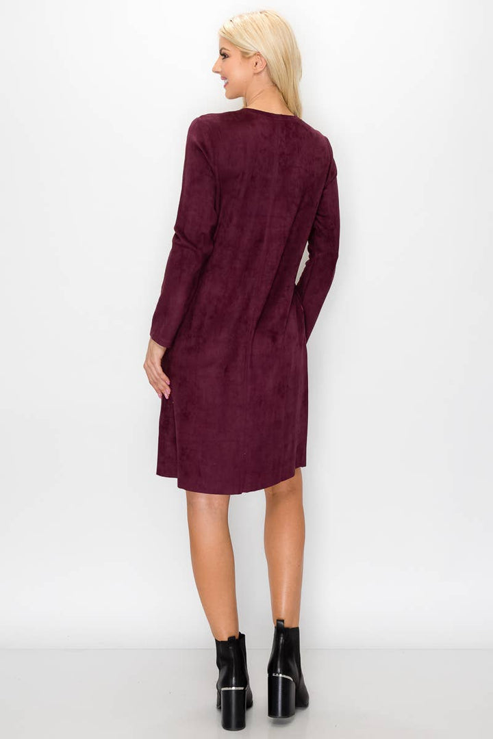 Aurora V-Neck Suede Dress: MAHOGANY / XS / 2059V