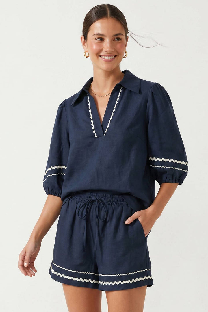 Puff Sleeve Linen Blouse: Navy / L