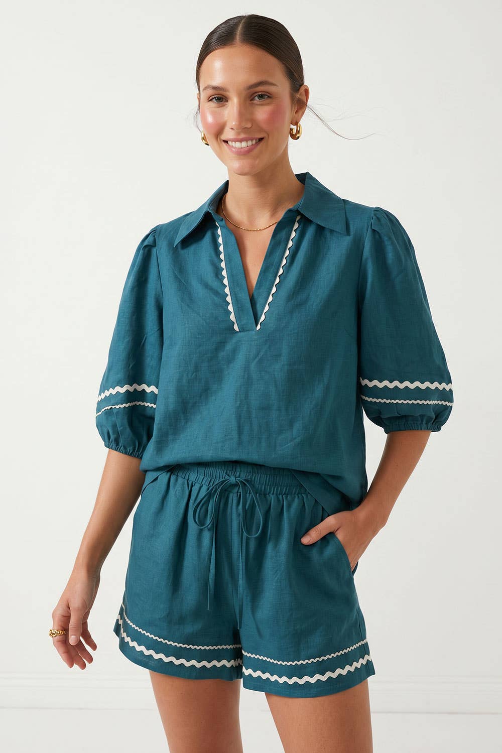 Puff Sleeve Linen Blouse: Red / L