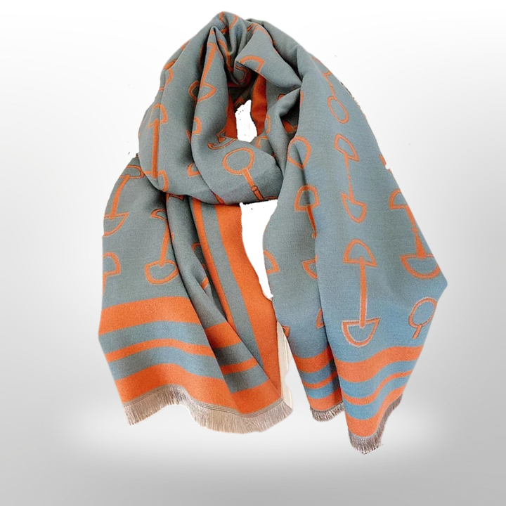 Equipage - Equestrian Snaffle Bit Horse Design Wool Blend Scarf Wrap: Navy Blue