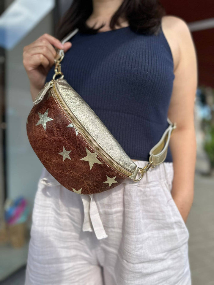 Metallic Leather Waist Bag with Star Print: Taupe