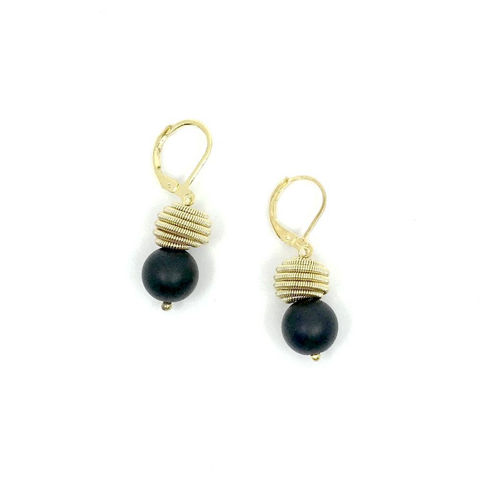 A402 BLK-E - Black Geode with Gold Coil Dangle Earrings