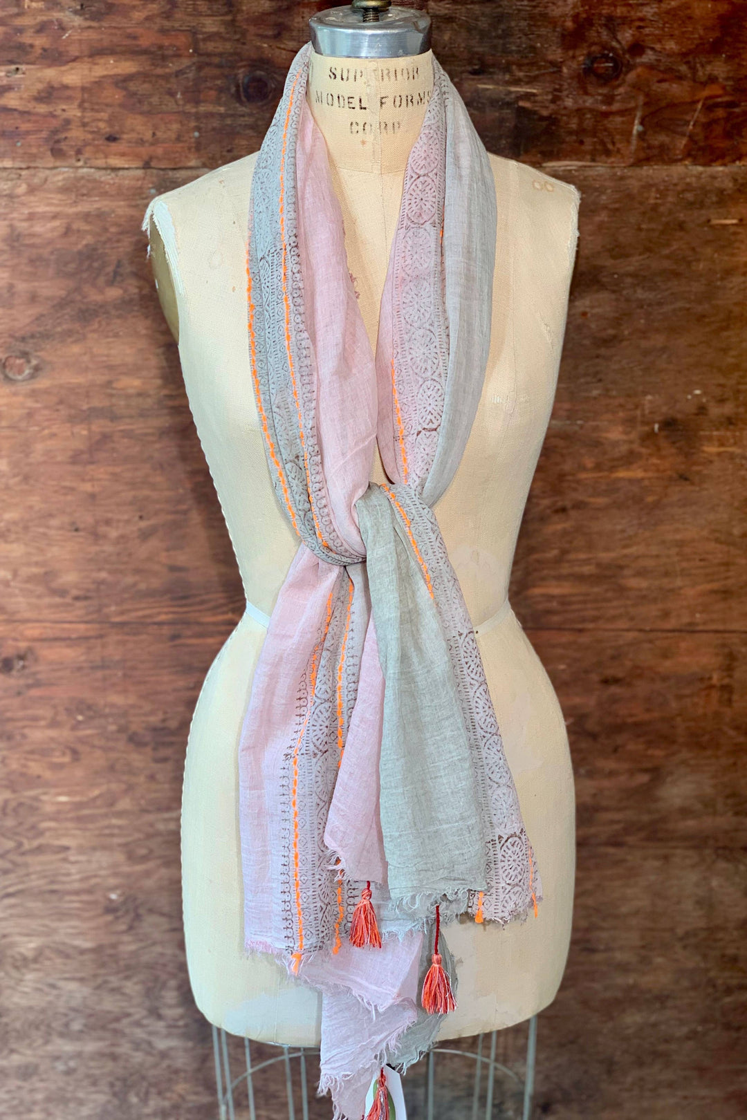 Anika Block Print Cotton Scarf: Grey Blue