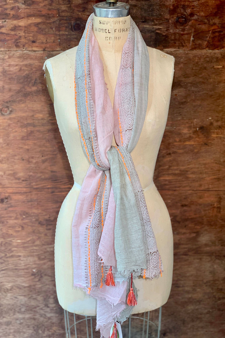 Anika Block Print Cotton Scarf: Grey Blue