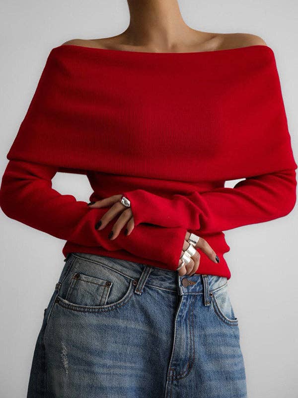 Off Shoulder Sweater:Red /S
