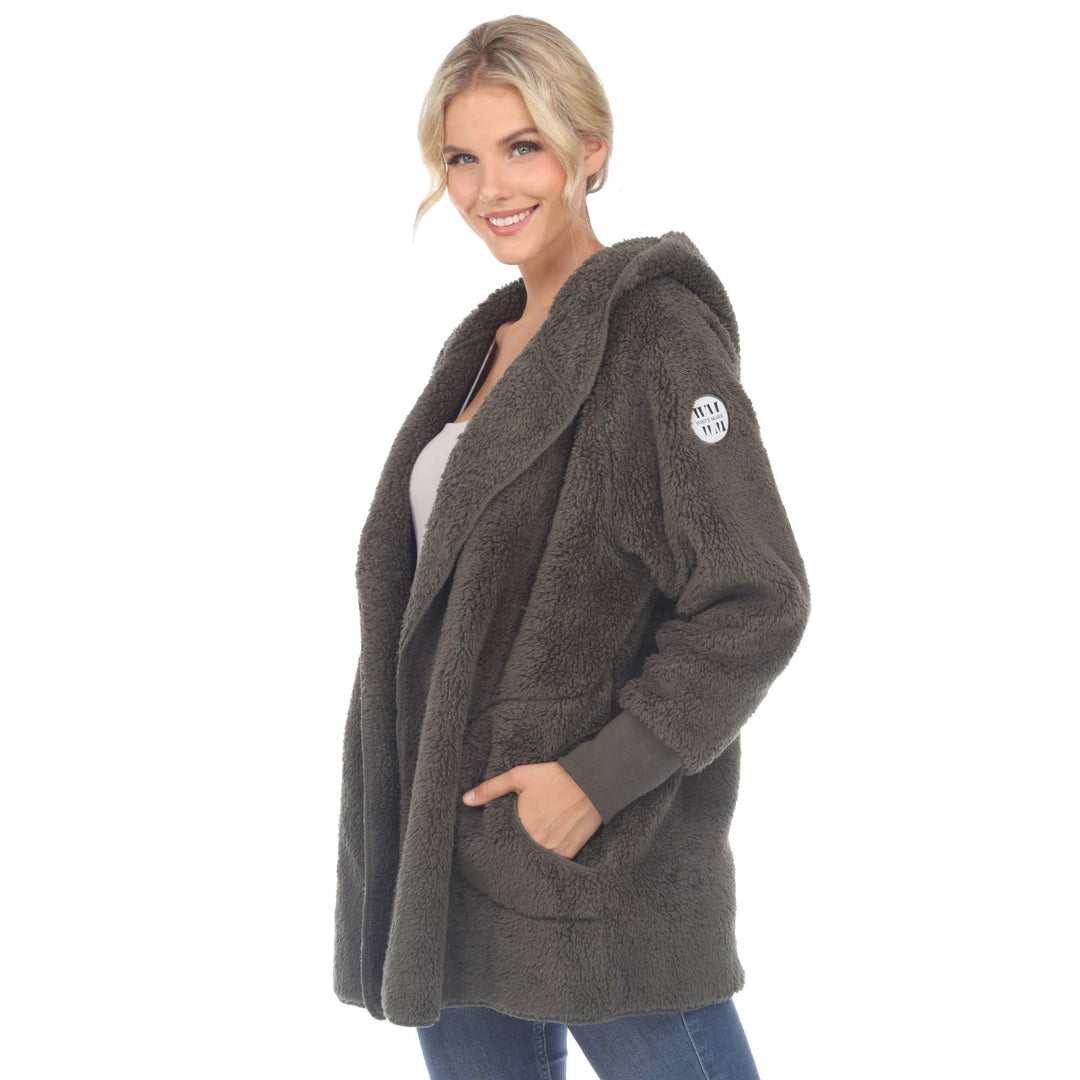Plush Hooded Cardigan with Pockets: Camel / S/M