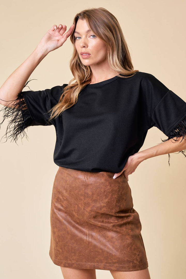 Top With Feather Trim - 13699T: Black / S