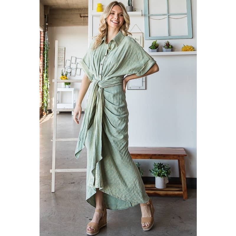 TIE WAIST BUTTON DOWN SHIRT DRESS; NATRL
