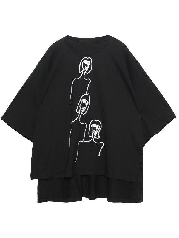 Embroidered Black&White Loose Round-Neck T-Shirt: BLACK / FREE SIZE