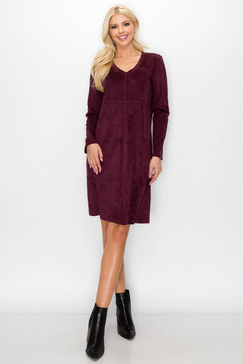Aurora V-Neck Suede Dress: KHAKI / L / 2059V
