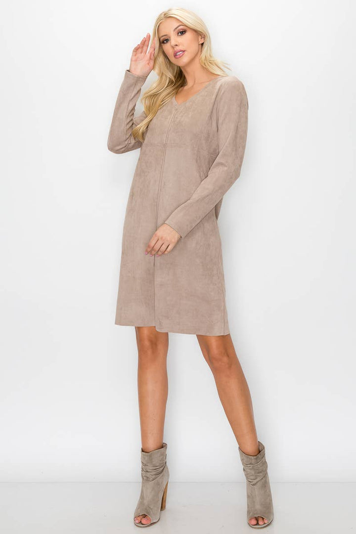 Aurora V-Neck Suede Dress: MAHOGANY / L / 2059V