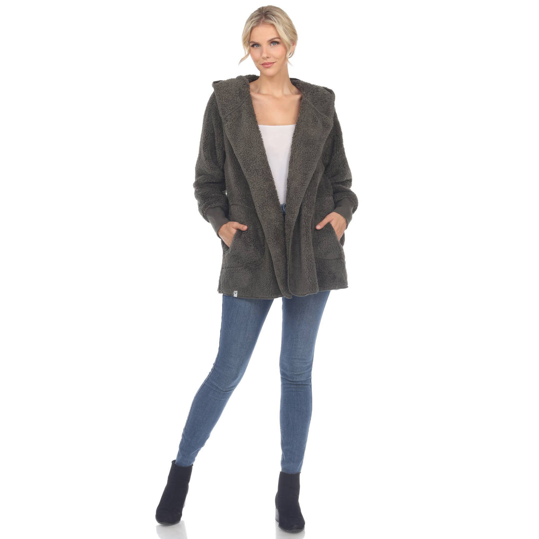 Plush Hooded Cardigan with Pockets: Camel / S/M
