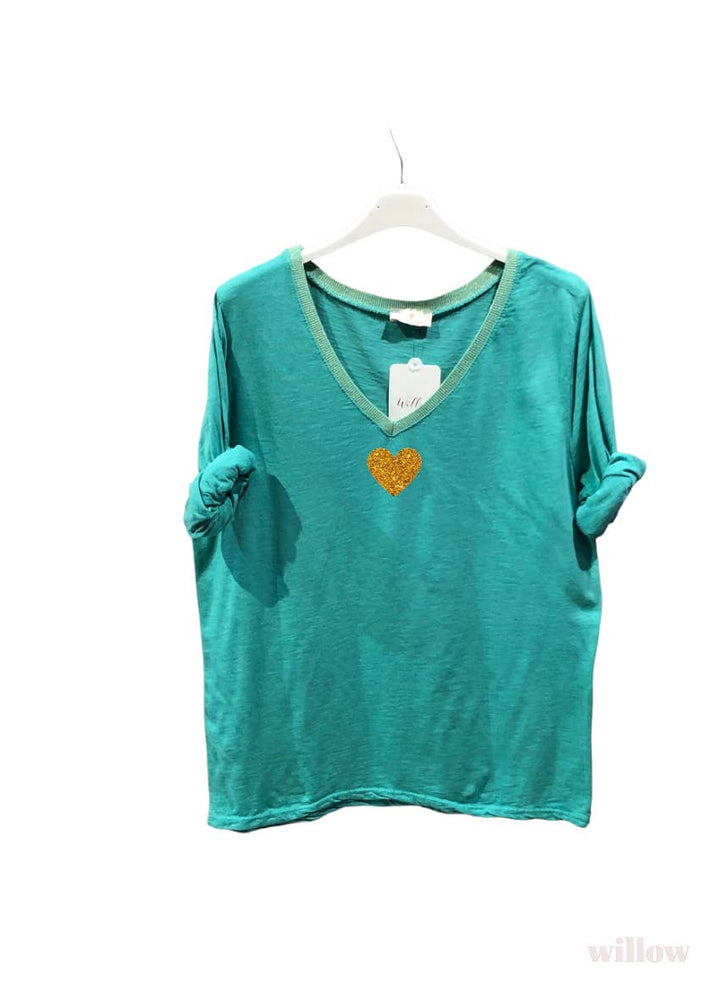 Gold heart long sleeve lurex collar top: Black