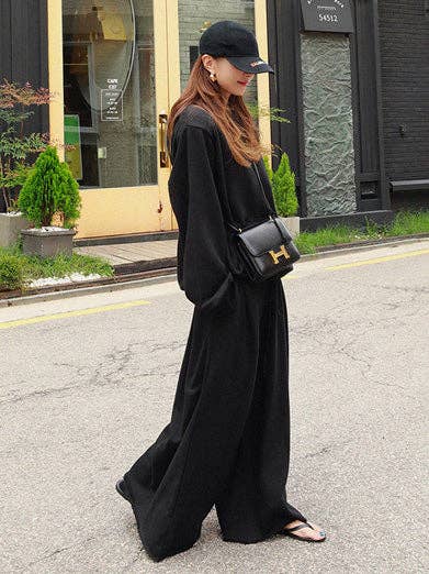 Loose Urban Gray Wide Leg Elastic Waist Pants: BLACK / M