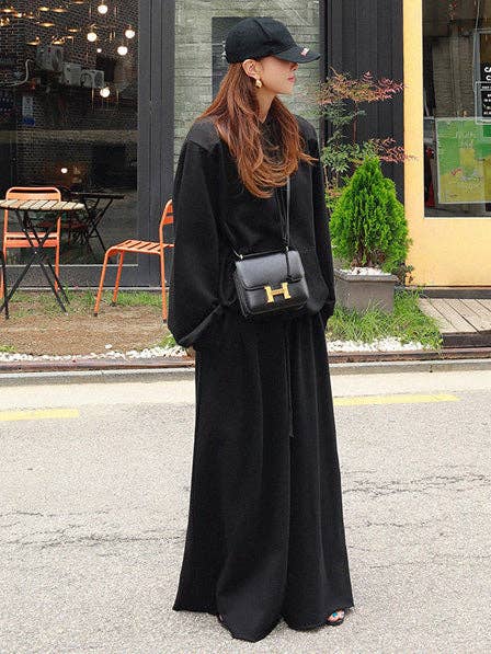 Loose Urban Gray Wide Leg Elastic Waist Pants: BLACK / M