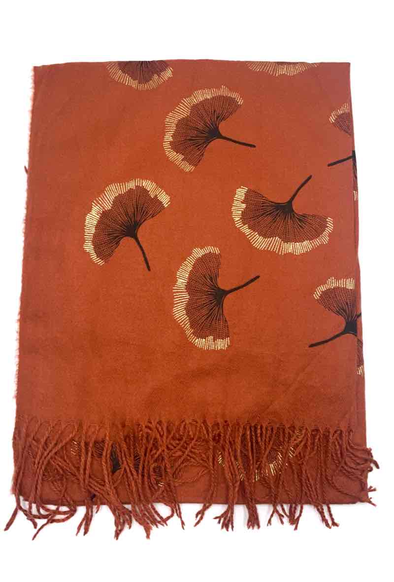Gingko Leaf Pattern Soft Scarf: White