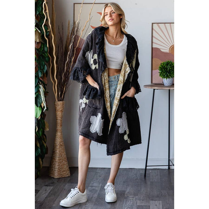 FLOWER LACE RUFFLE DUSTER: BLACK