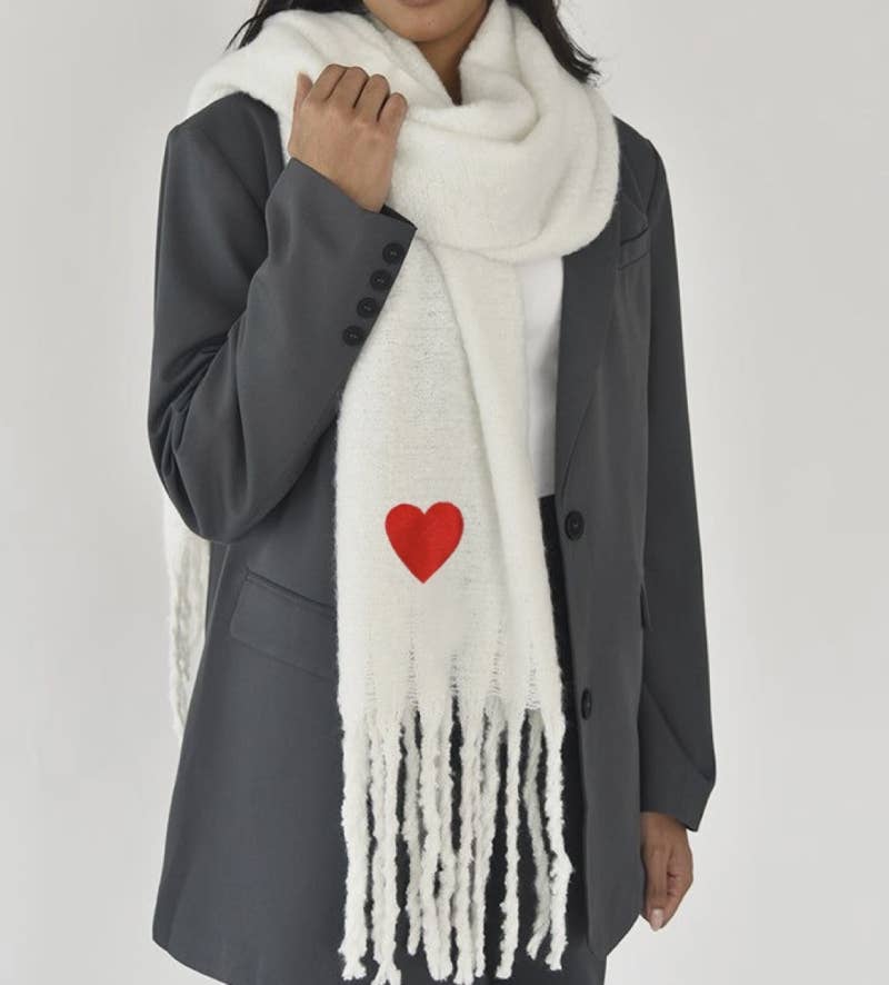 Big fringe scarf with embroidered heart : White