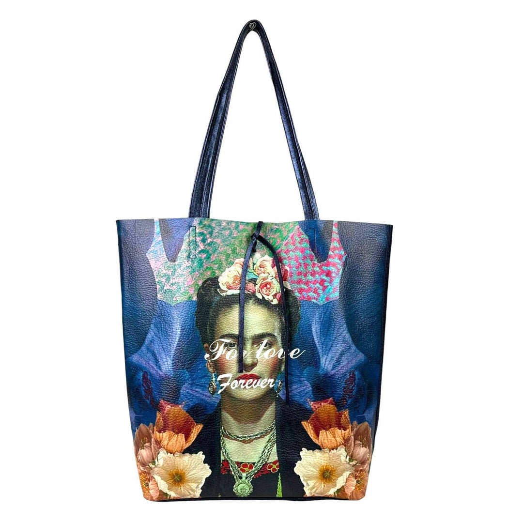 Leather Shopper Bag with Frida Kahlo: Blue