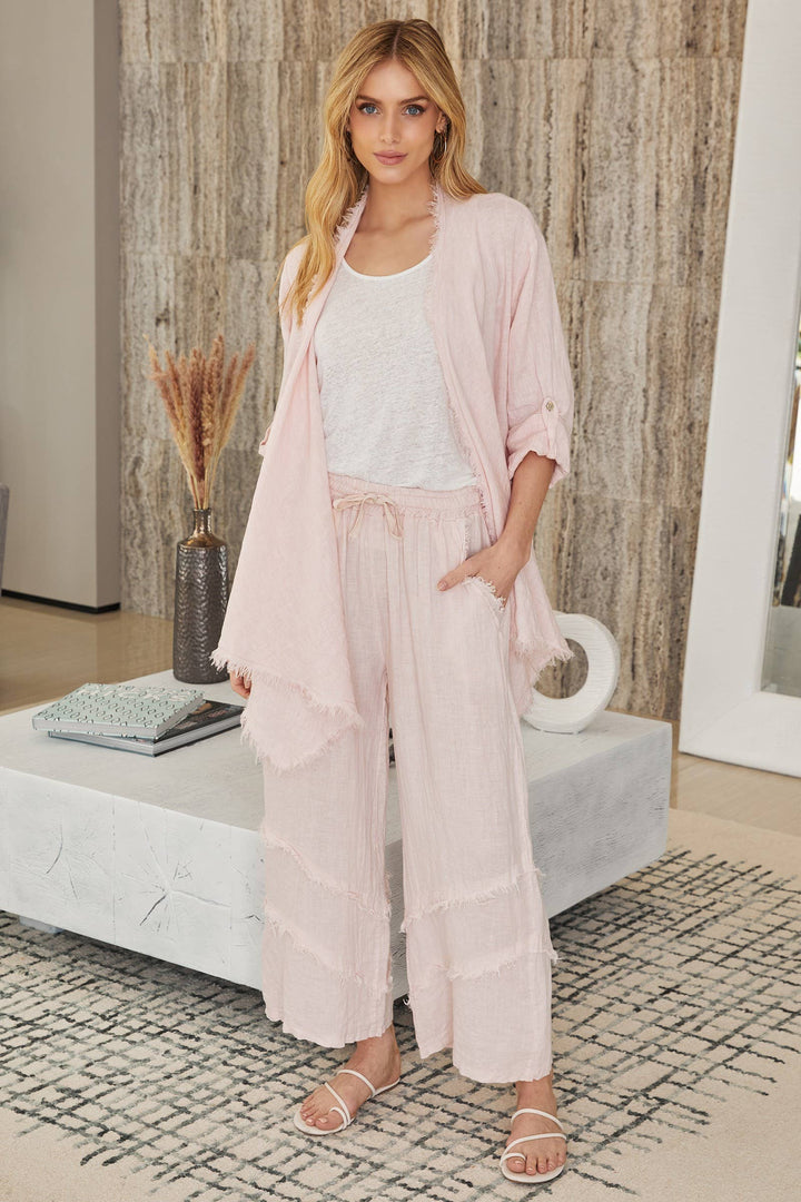 LINEN ASYMMETRICAL CARDI: Beige / L