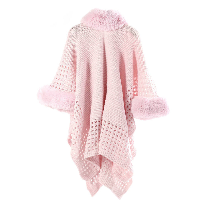 PE364 Hand knitted crochet fur trim cape: Baby Blue