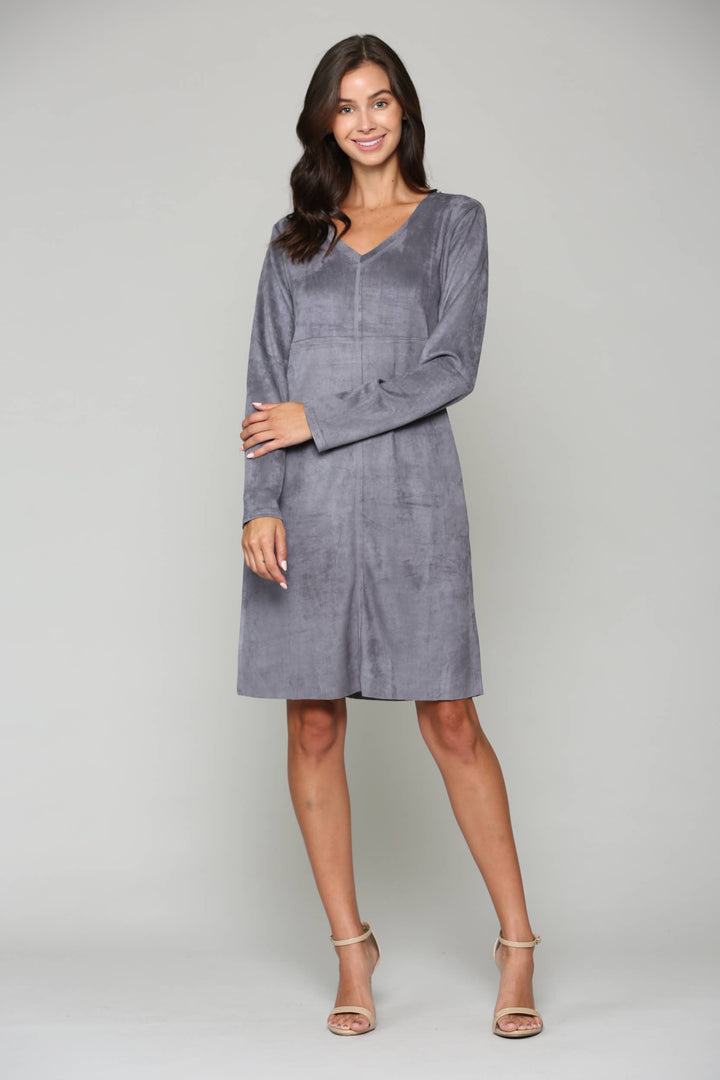 Aurora V-Neck Suede Dress: BLK / M / 2059V-NP