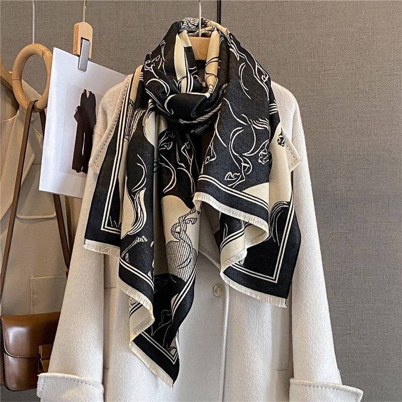 Sheer Trend - Fashion Print Fringed Scarf: BLUE
