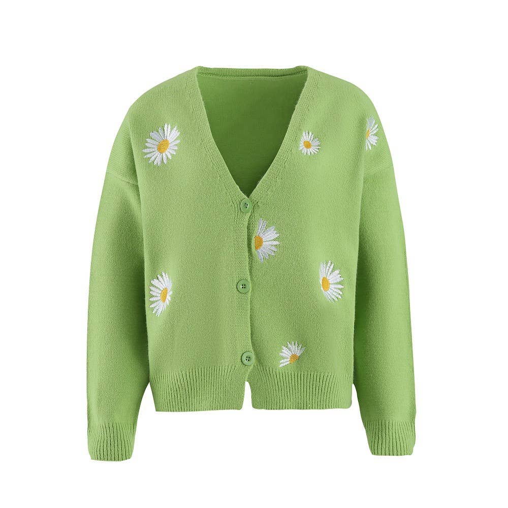 Daisy Pattern V-neck Cardi: Black / S