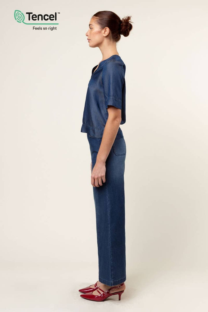 V-Neck Band Blouse: Dark Blue / S