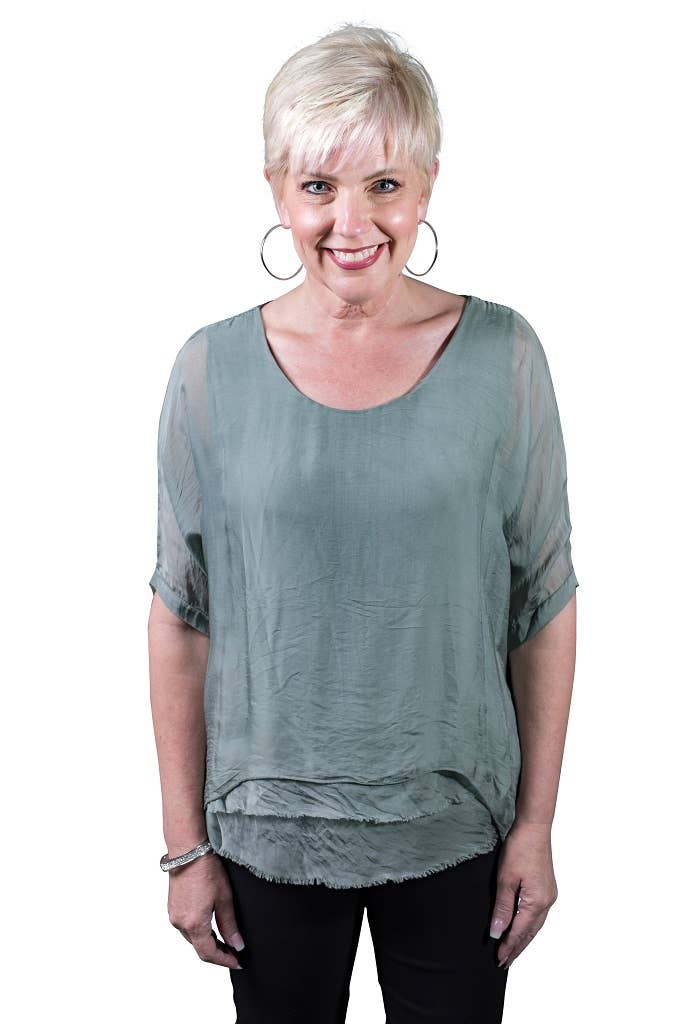 Adriana Silk Double Raw Edge Top (BQ209): Navy