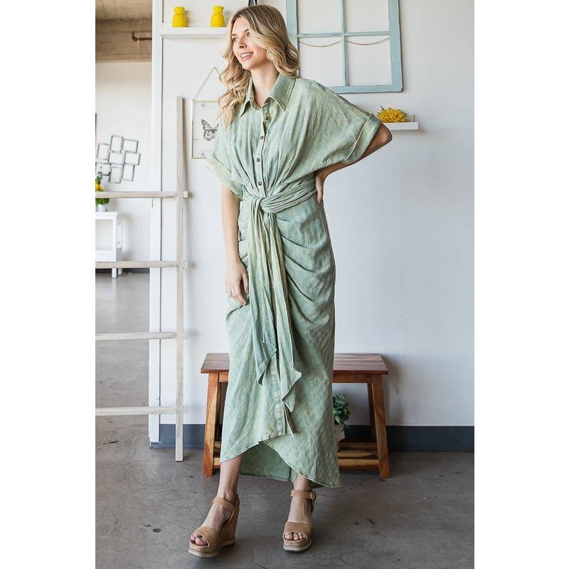 TIE WAIST BUTTON DOWN SHIRT DRESS; NATRL