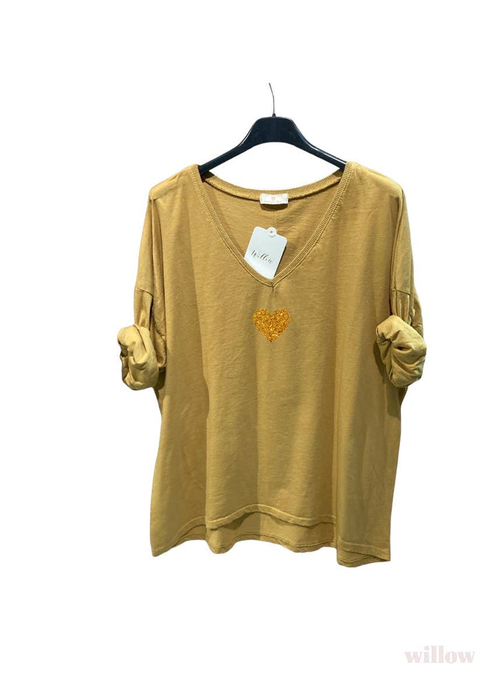 Gold heart long sleeve lurex collar top: Beige