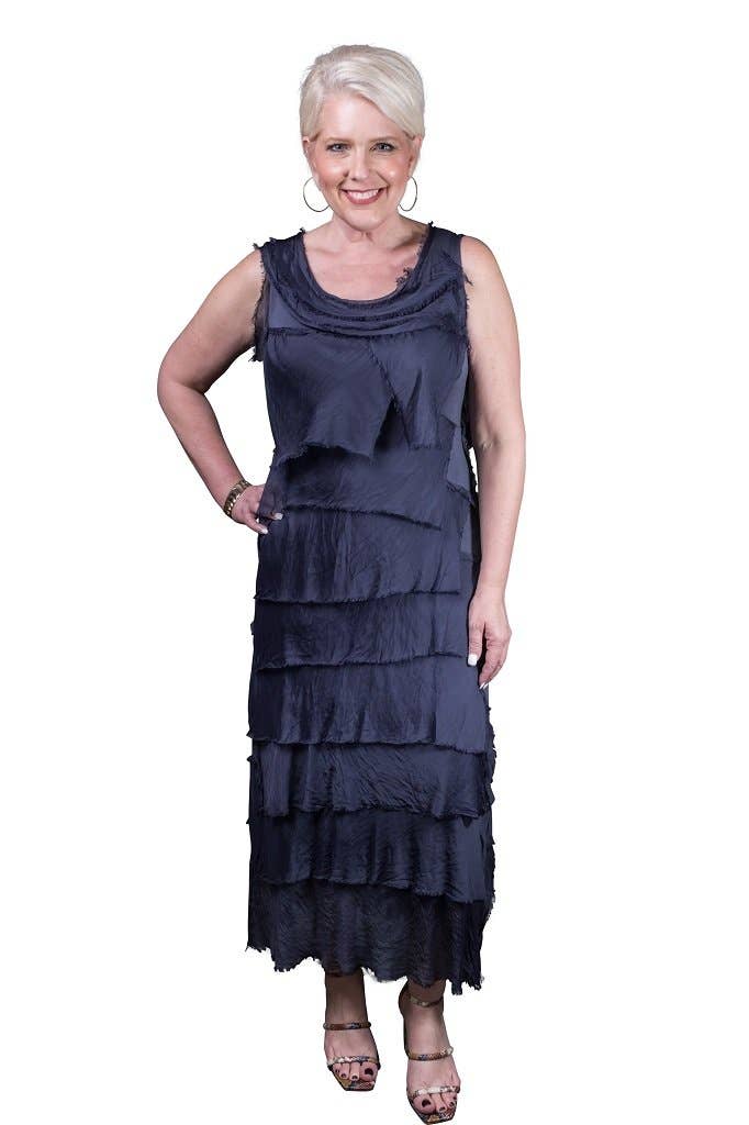Aleena Silk Maxi Ruffle Dress (DT215):Navy