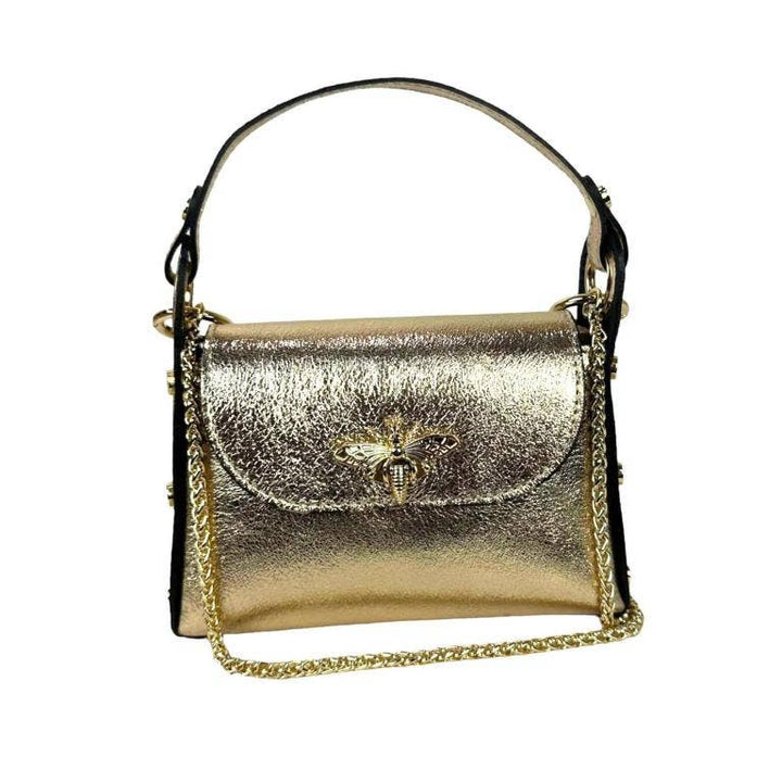 Metallic Leather Bag w/ Studs and Bee: Rose