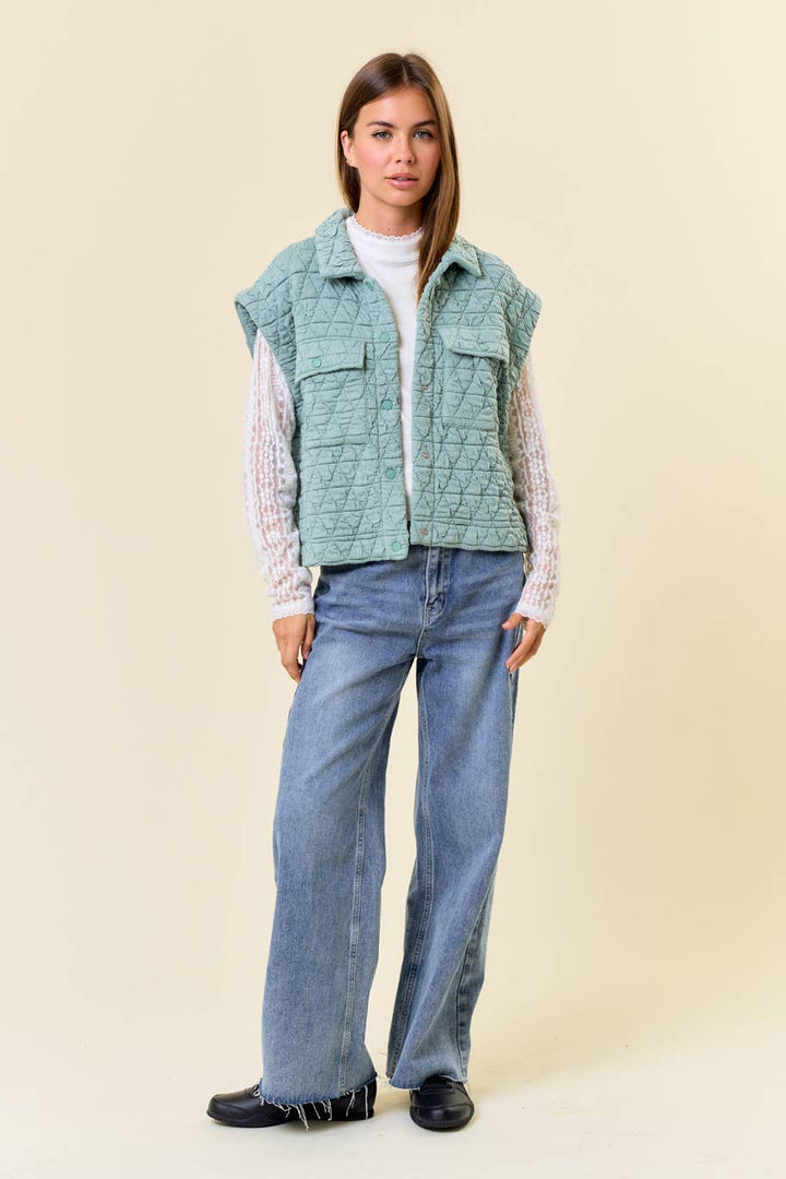 Doe and Rae - QUILTED POINT COLLAR FLAP PATCHED POCKET VEST - 10626J-1: OAT / S