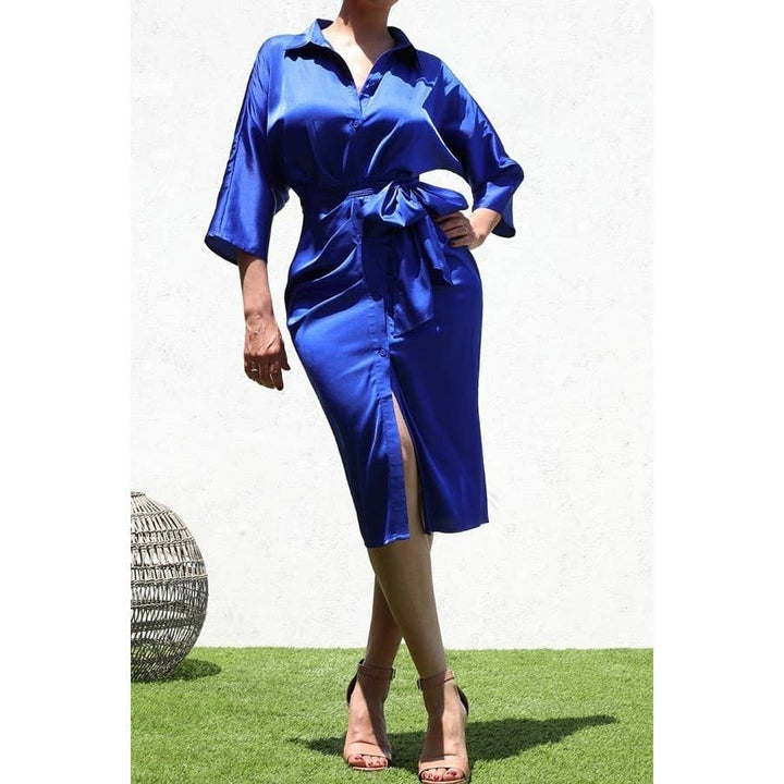 SATIN DRESS WITH WAIST TIE: TEAL / S