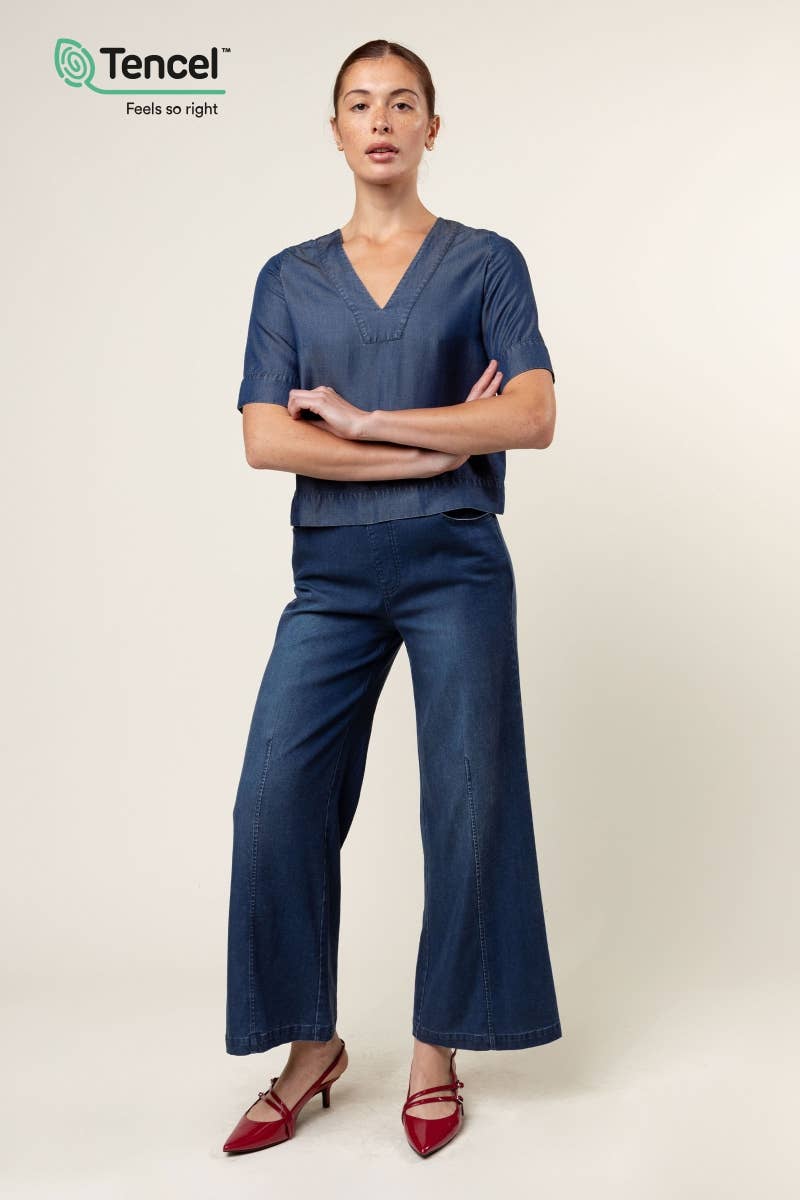 V-Neck Band Blouse: Dark Blue / L