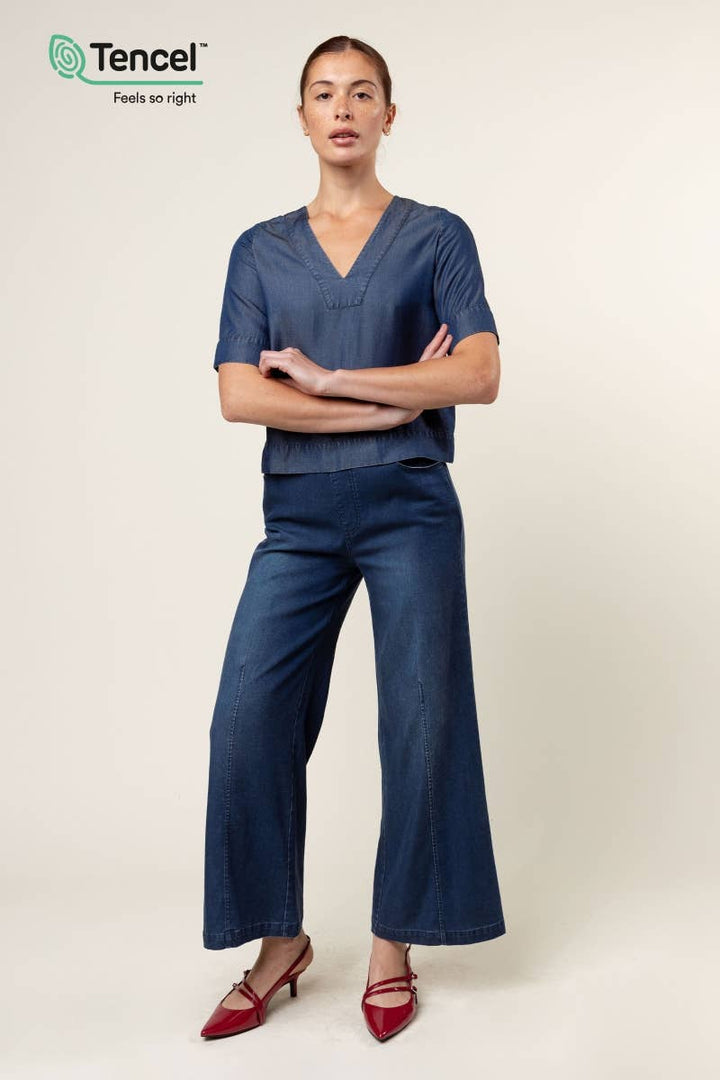 V-Neck Band Blouse: Dark Blue / L