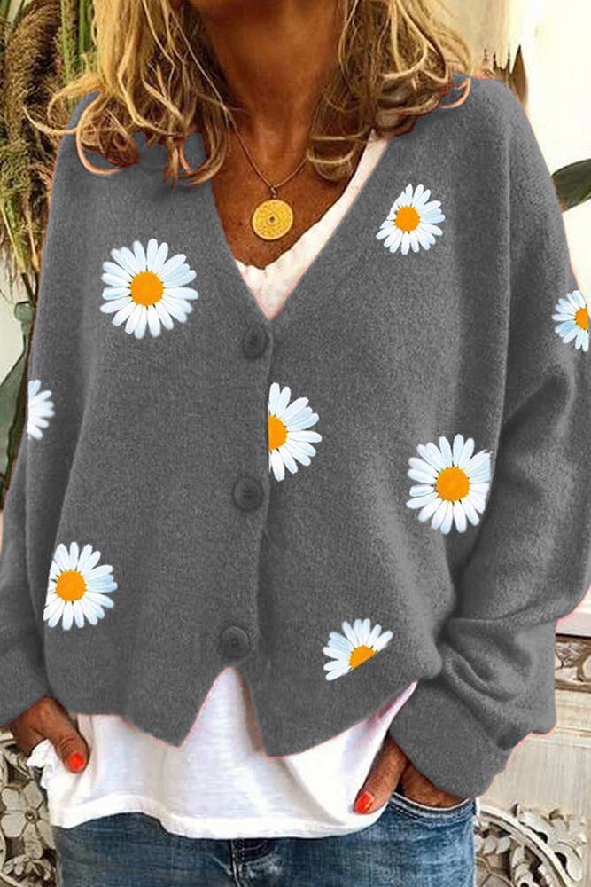 Daisy Pattern V-neck Cardi: Black / S