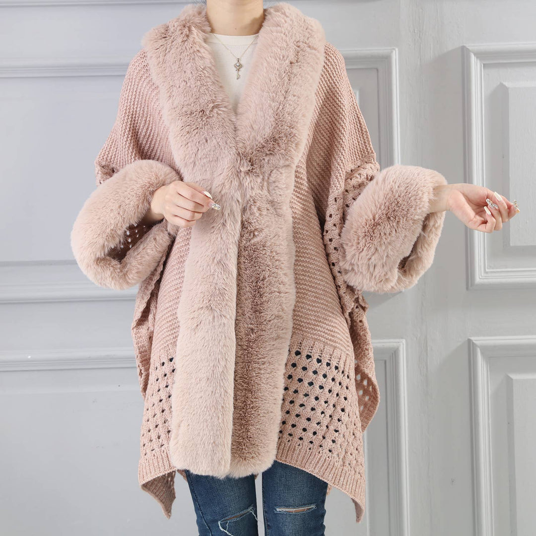 PE364 Hand knitted crochet fur trim cape: Baby Blue